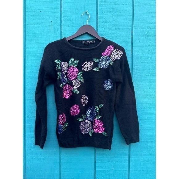 Work In Progress Black Sequin Floral Embellished Sweater Artsy Silk Angora Wool